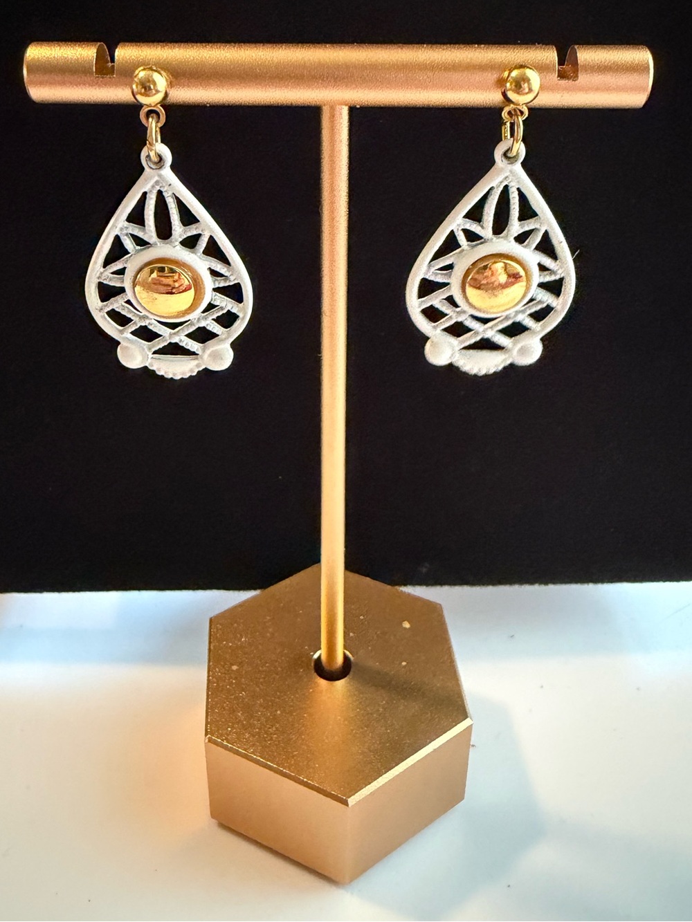 Vintage Gold and White Teardrop Filigree Earrings - Women Jewelry